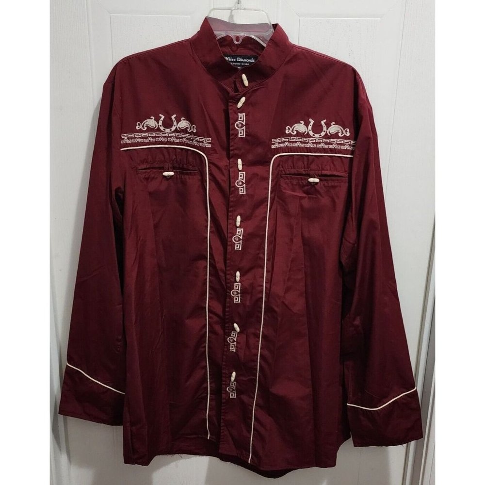 VTG WHITE DIAMONDS‎ RED WESTERN HORSESHOE EMBROIDERED COWBOY SHIRT SIZE XXL